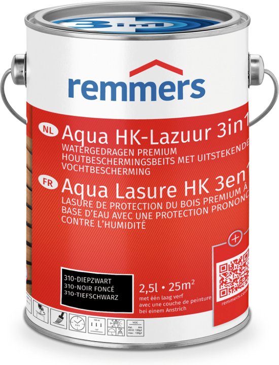 Aqua HK lazuur diepzwart 0,75 liter Remmers 2,5 liter