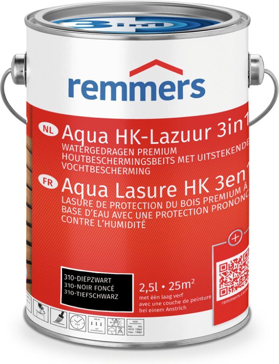 Aqua HK lazuur Diep Zwart 0,75 liter Remmers 2,5 liter